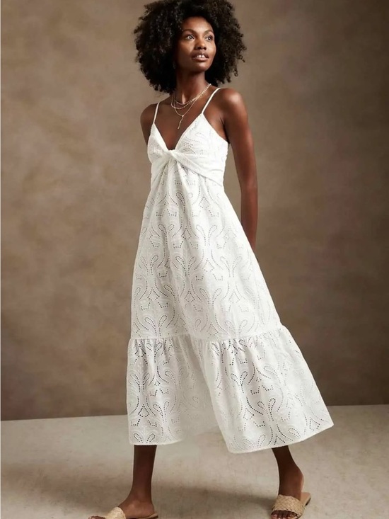 Banana Republic Dresses & Skirts - Banana Republic Twist Front White Eyelet Tiered Cotton Midi Dress Size Medium